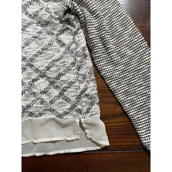 Maison Jules Sweater Boxy Cream & Black Geometric Pattern Mixing Sheer Shoulder - Picture 5 of 6